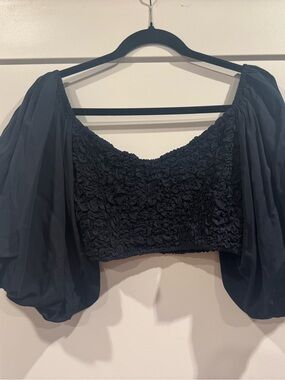 Mara Hoffman Navy Puff-Sleeve Smocked Crop Top